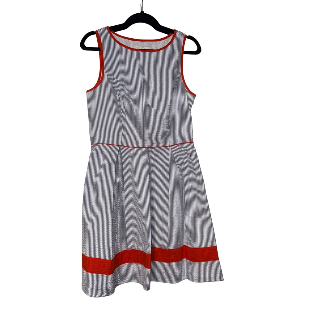 Jessica Simpson Seersucker Fit & Flare Dress Womens 10 Blue White Orange Cotton